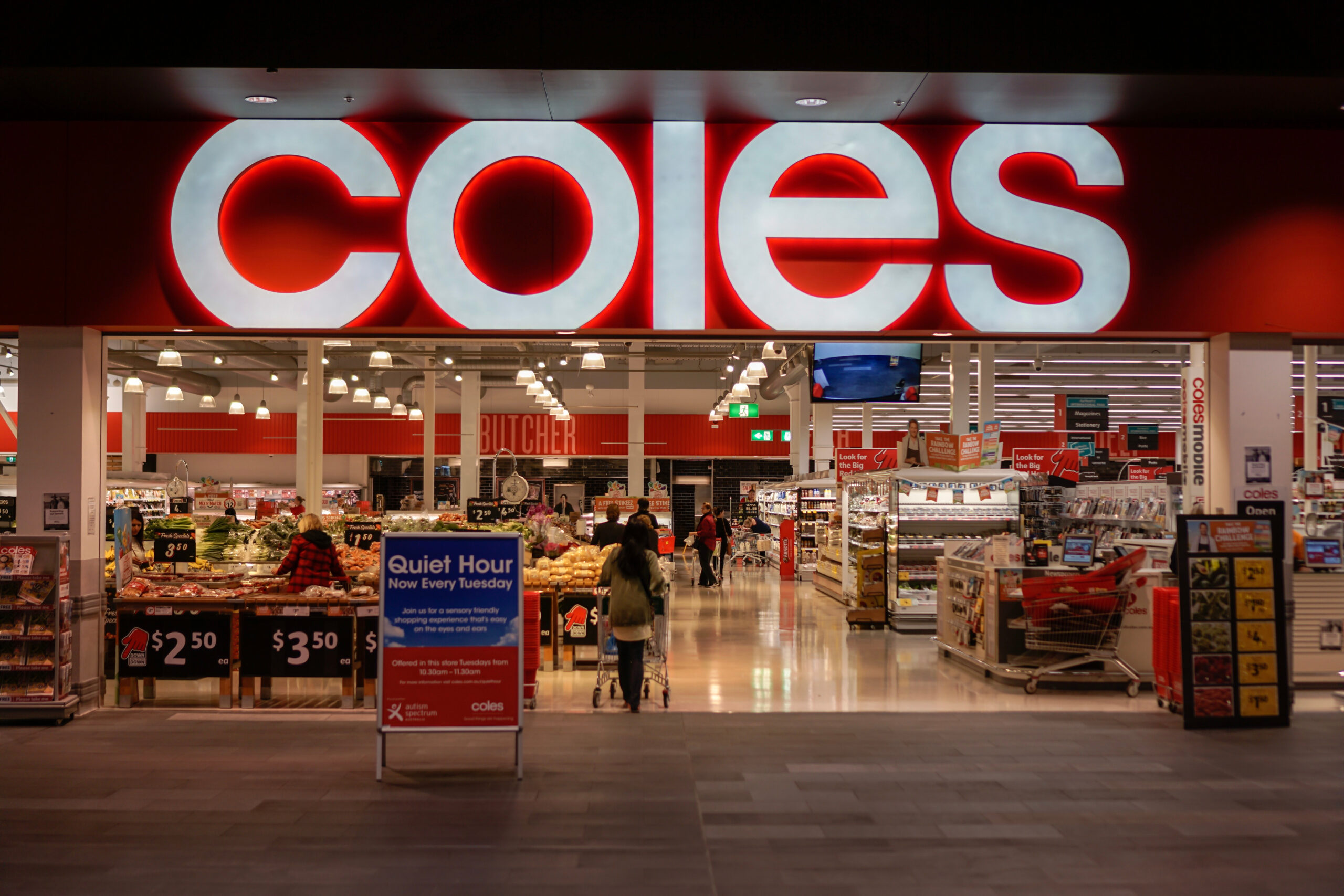 An entryway to Coles supermarket, inside a convenience retail asset