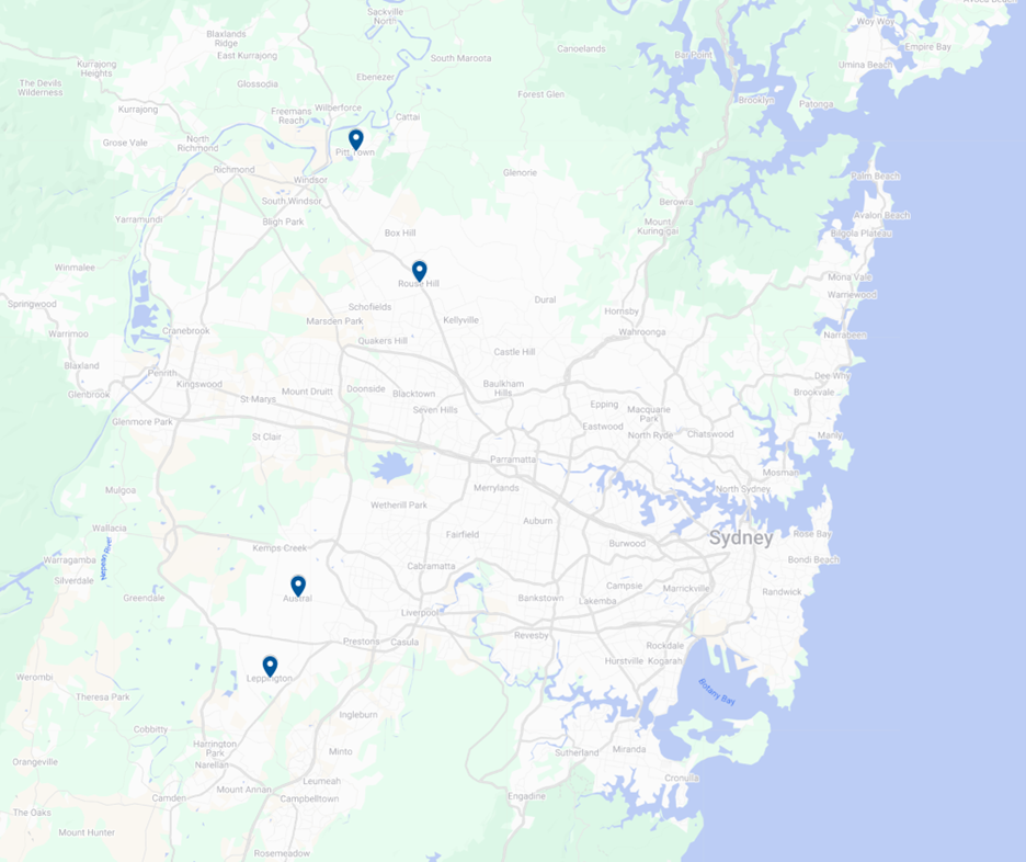 A map outlining the location of the four financing solutions outlined in the proceeding section. These are located in Pitt Town, Rouse Hill, Austral and Leppington, New South Wales.